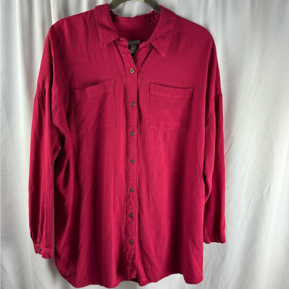 Bold Cranberry Red Textured Button Up Top Long Sleeve With Pockets